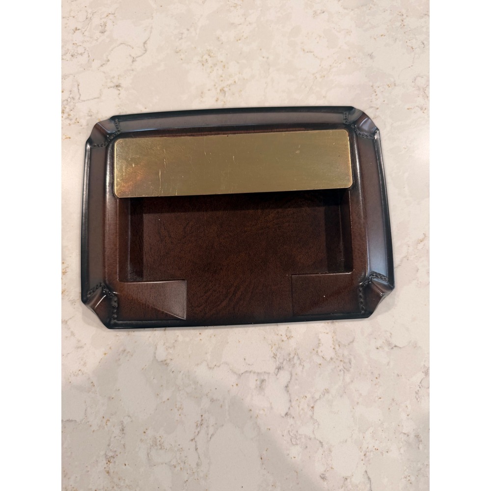 Vintage Brown Faux Leather Memo Pad Holder Brass MCM Desk Organizer Office Decor